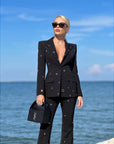 Designer Fashion Women's White Pantsuit - Hollow Rivet Eyelet Blazer and Flare Pants Set