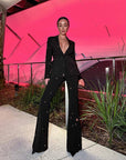 Designer Fashion Women's White Pantsuit - Hollow Rivet Eyelet Blazer and Flare Pants Set