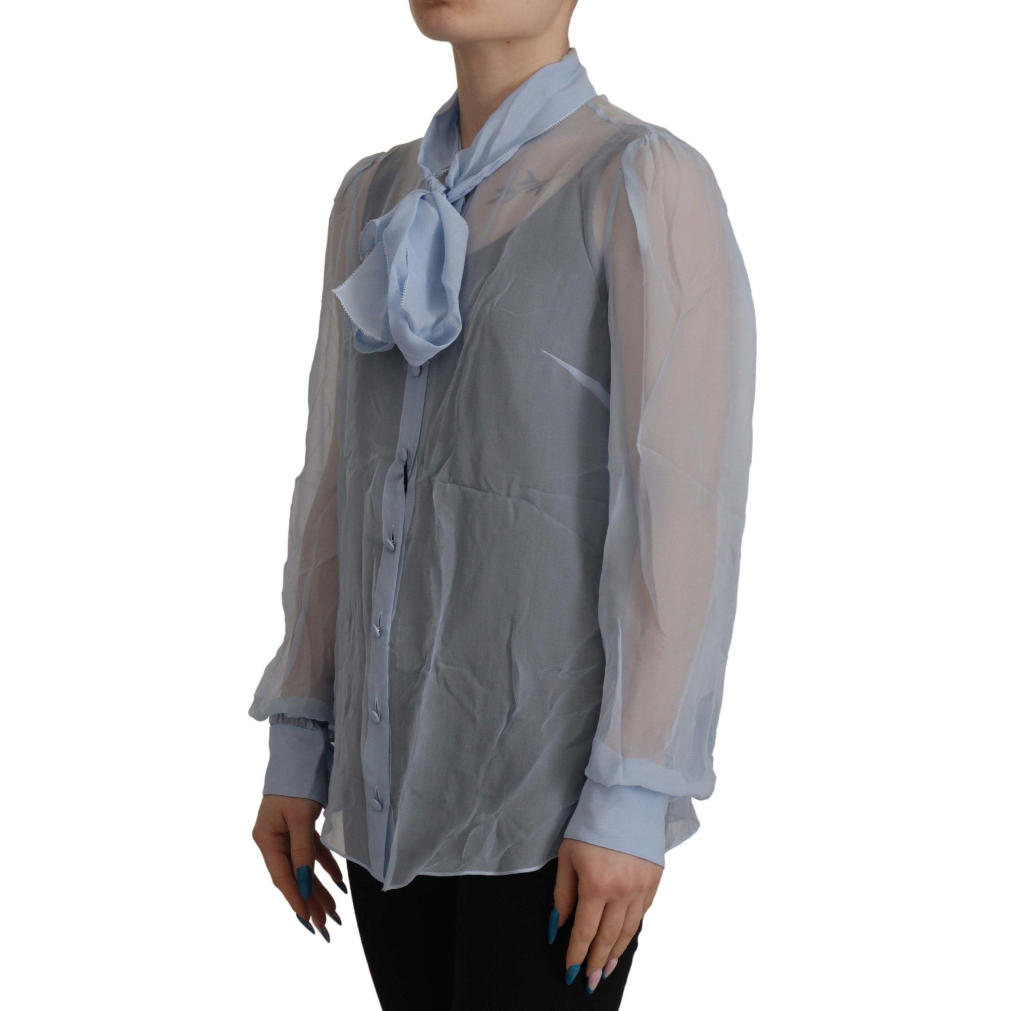 Dolce & Gabbana Elegant Silk Ascot Collar Blouse in Light Blue