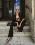 Women's Metal Decoration Blazer and Flare Pants Suit