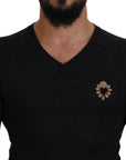 Dolce & Gabbana V-Neck Cashmere Sweater with Heart Embroidery