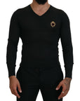 Dolce & Gabbana V-Neck Cashmere Sweater with Heart Embroidery