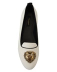 Dolce & Gabbana Elegant White Velvet Loafers with Gold Heart Detail