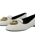 Dolce & Gabbana Elegant White Velvet Loafers with Gold Heart Detail