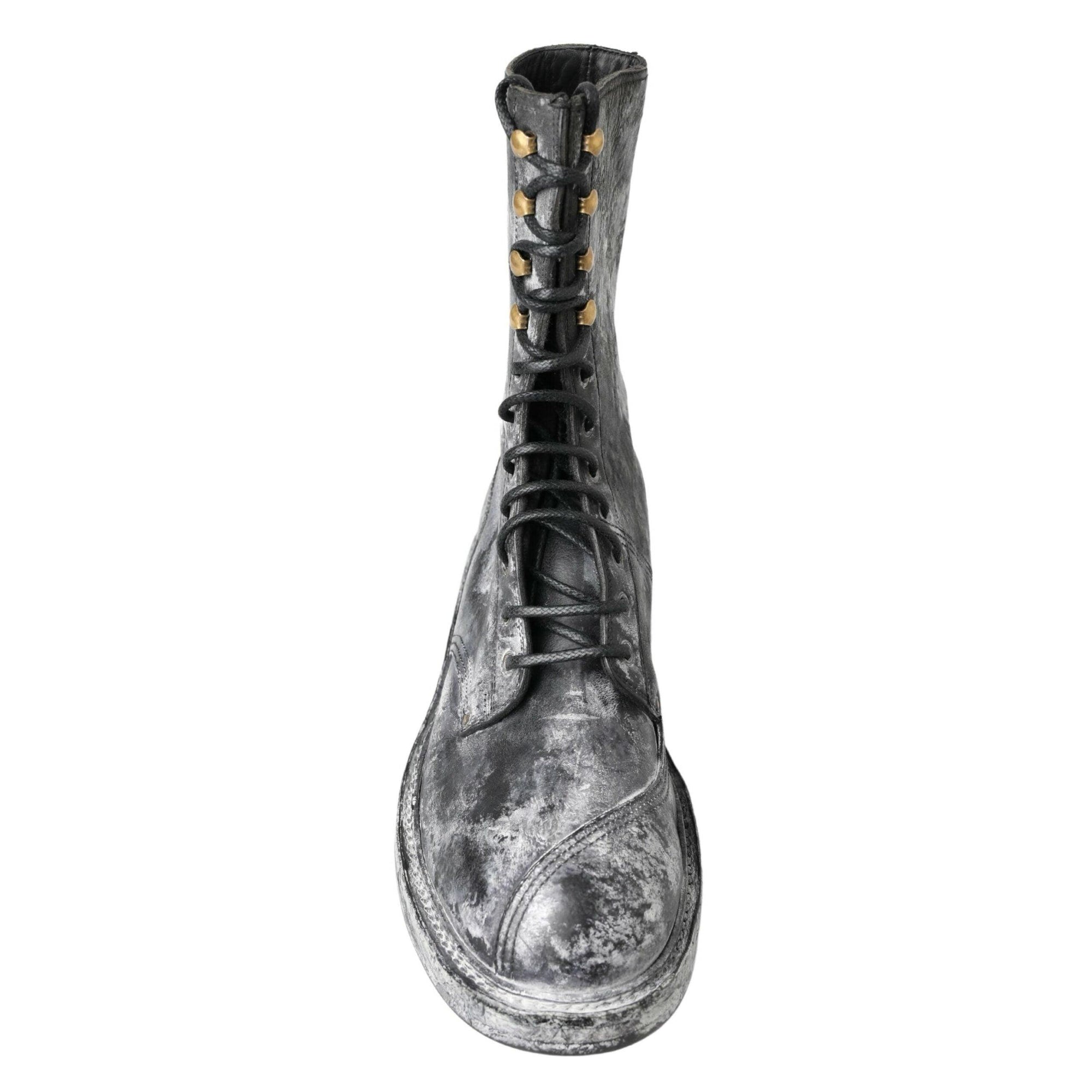 Dolce & Gabbana Chic Black Lace-Up Boots with Gray White Fade