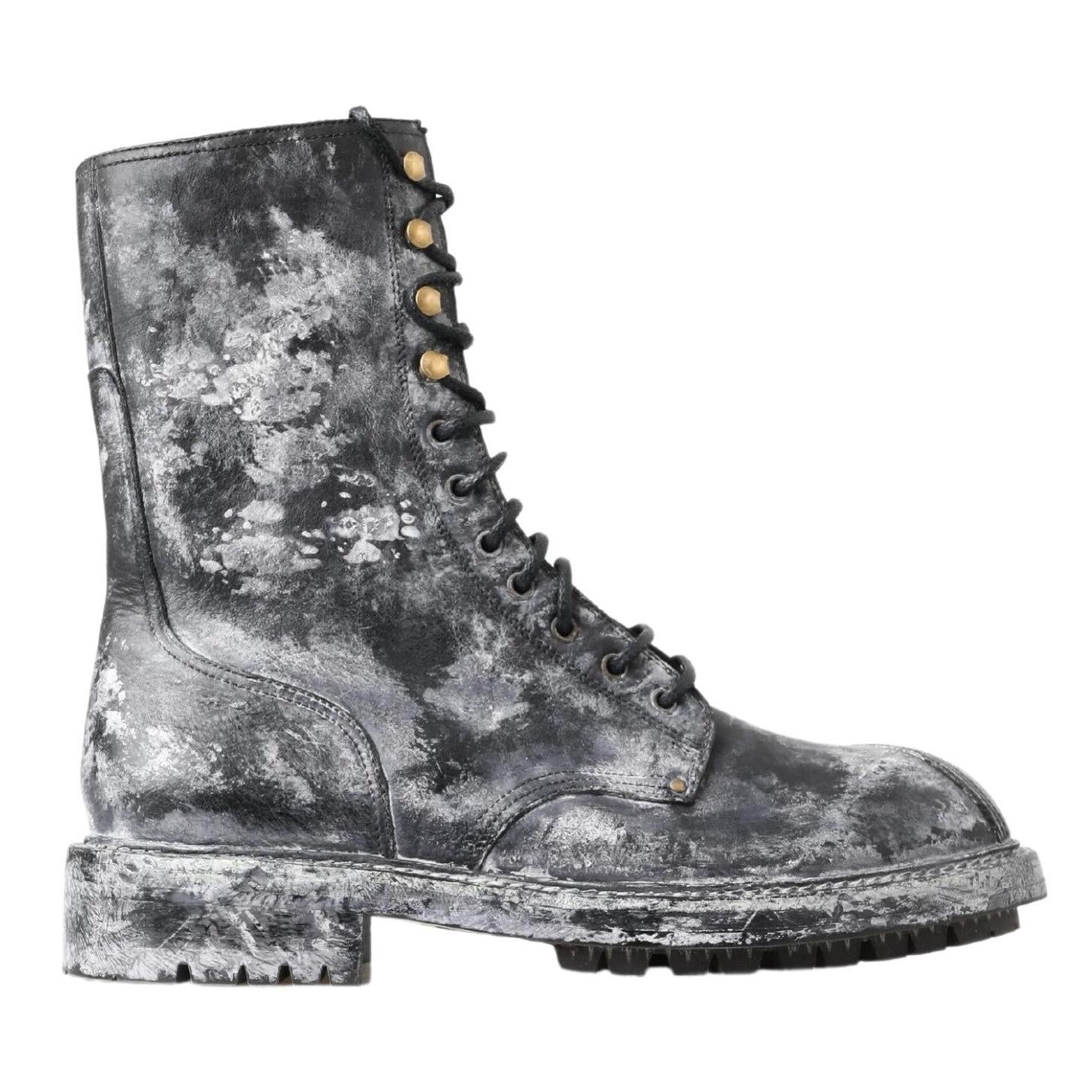 Dolce & Gabbana Chic Black Lace-Up Boots with Gray White Fade