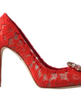 Dolce & Gabbana Chic Red Lace Heels with Crystal Embellishment