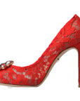 Dolce & Gabbana Chic Red Lace Heels with Crystal Embellishment