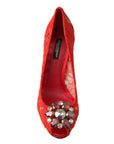 Dolce & Gabbana Chic Red Lace Heels with Crystal Embellishment
