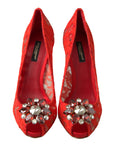 Dolce & Gabbana Chic Red Lace Heels with Crystal Embellishment