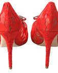 Dolce & Gabbana Chic Red Lace Heels with Crystal Embellishment