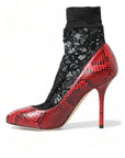 Dolce & Gabbana Red Almond Toe Snakeskin Pumps with Lace Socks
