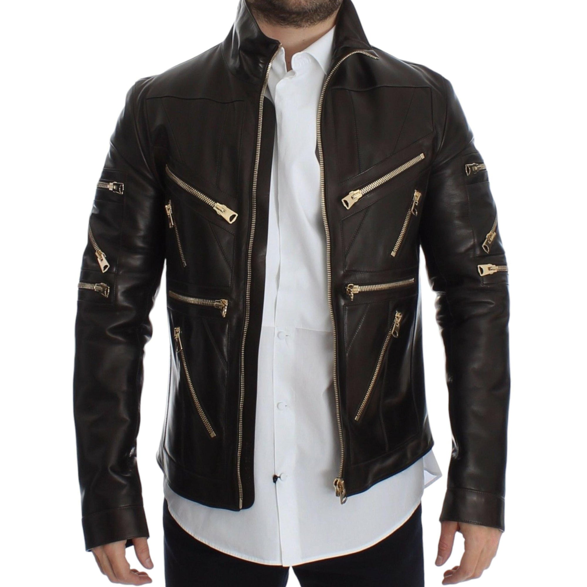 Dolce & Gabbana Elegant Brown Gold-Detailed Leather Jacket
