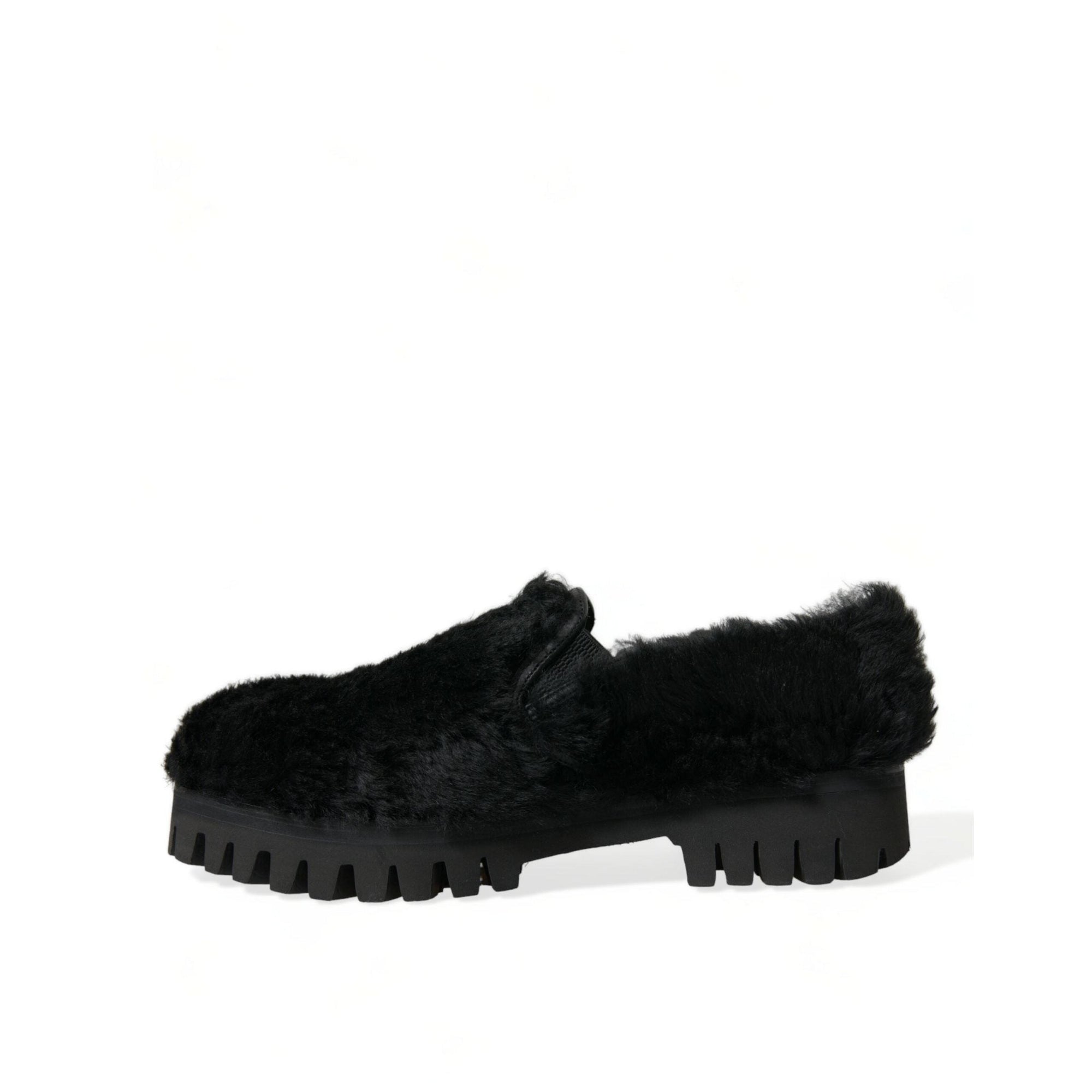Dolce & Gabbana Elegant Black Fur Slip On Loafers for Men