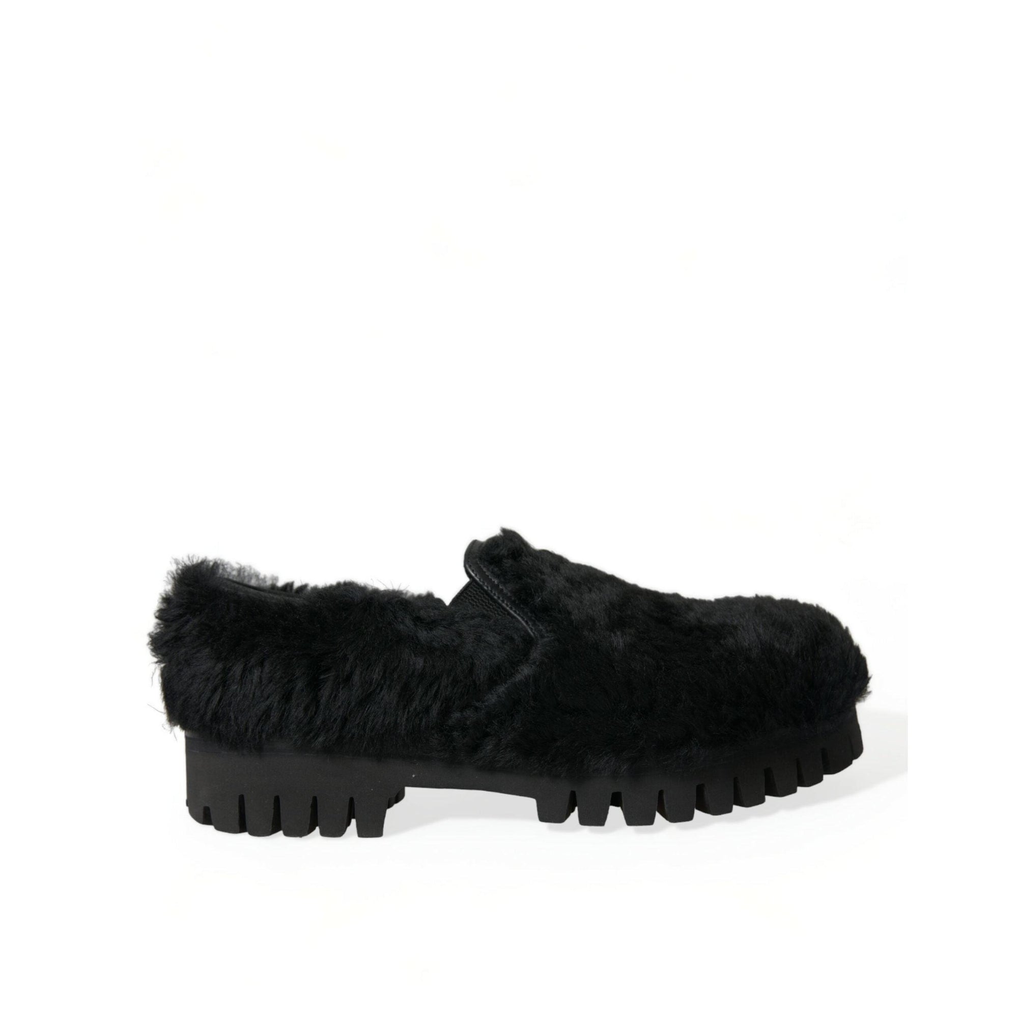 Dolce & Gabbana Elegant Black Fur Slip On Loafers for Men