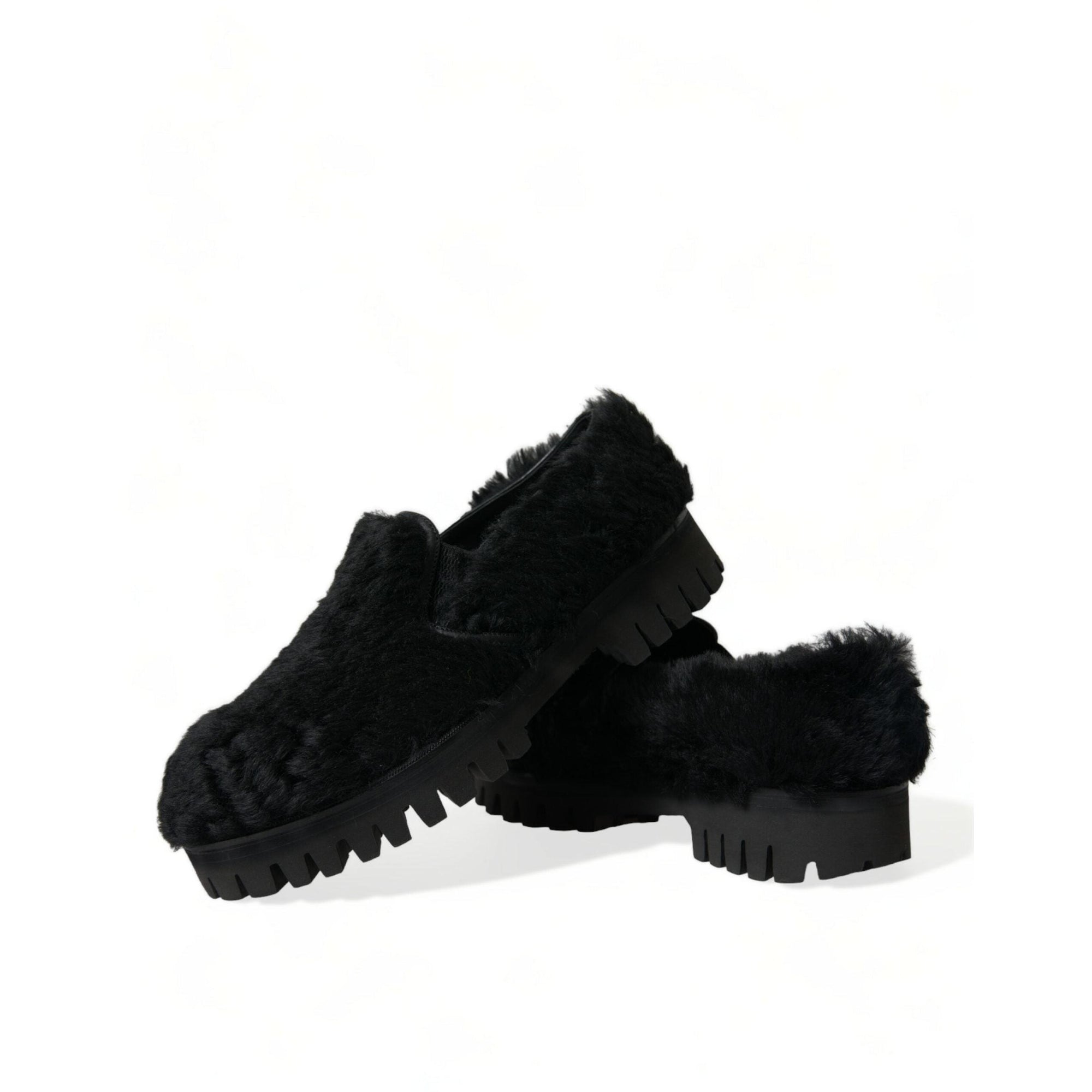 Dolce & Gabbana Elegant Black Fur Slip On Loafers for Men