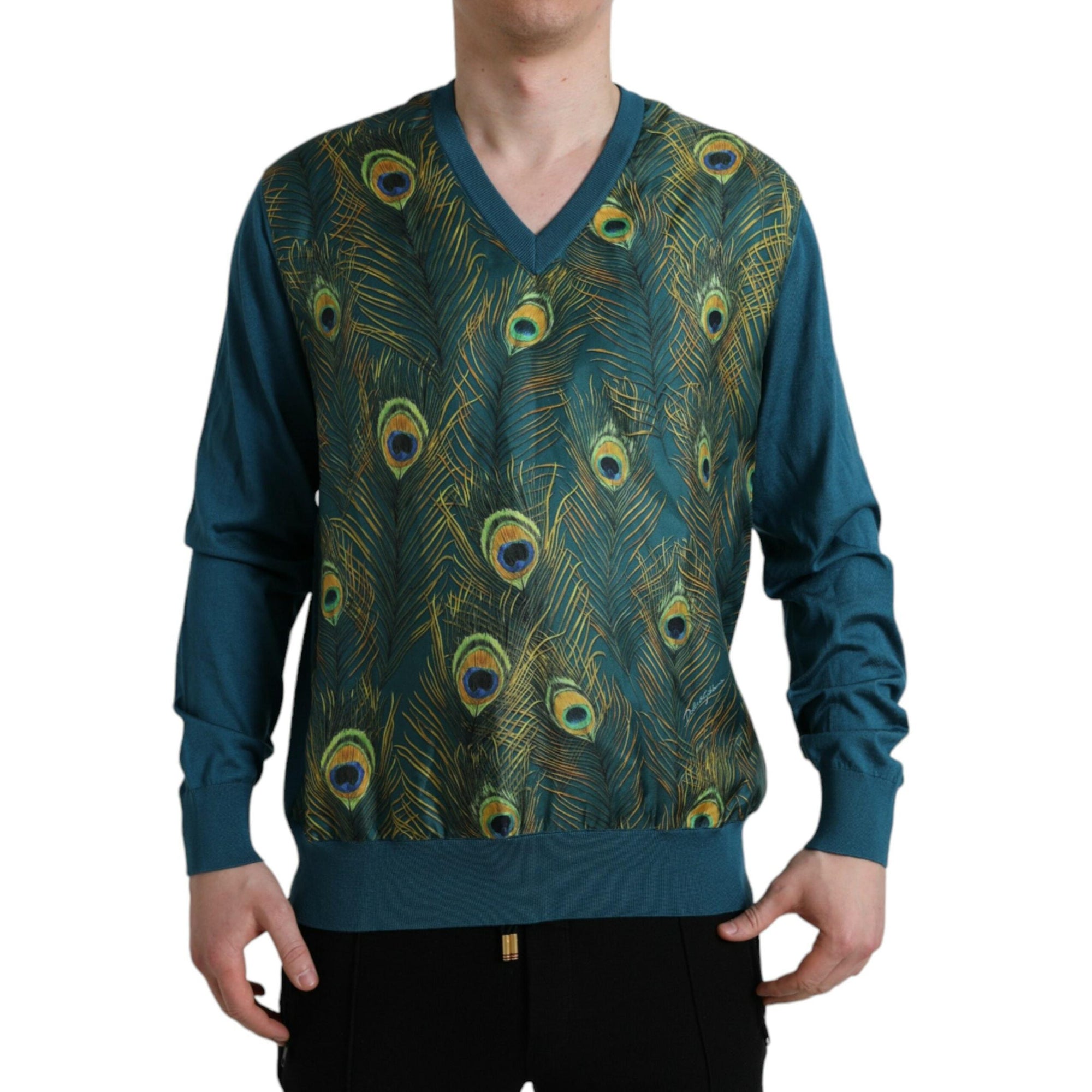 Dolce & Gabbana Silk V-Neck Peacock Feather Sweater
