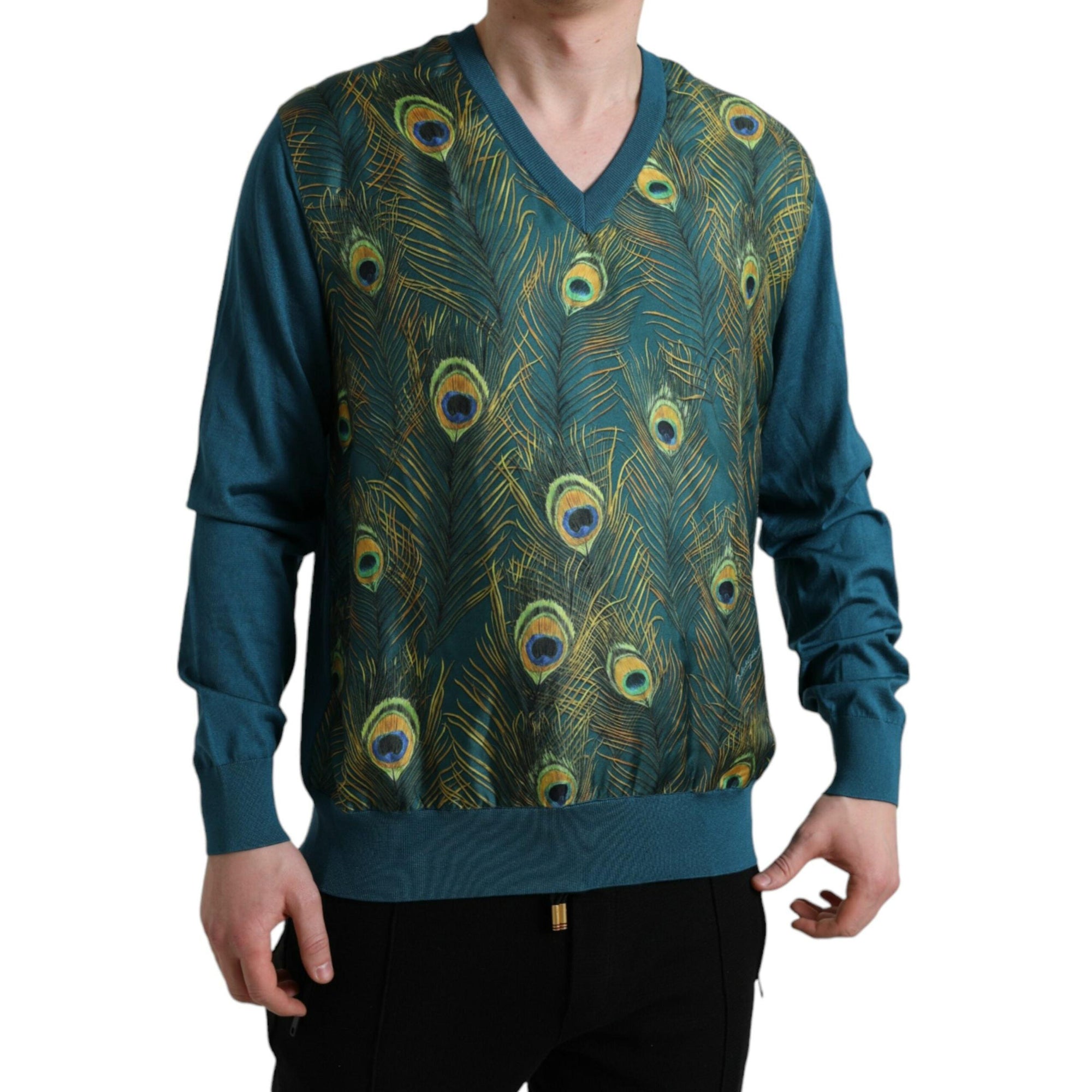 Dolce & Gabbana Silk V-Neck Peacock Feather Sweater