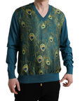 Dolce & Gabbana Silk V-Neck Peacock Feather Sweater