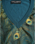 Dolce & Gabbana Silk V-Neck Peacock Feather Sweater