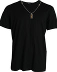 Dolce & Gabbana Elegant Black Cotton Crewneck Tee with Dog Tag Detail