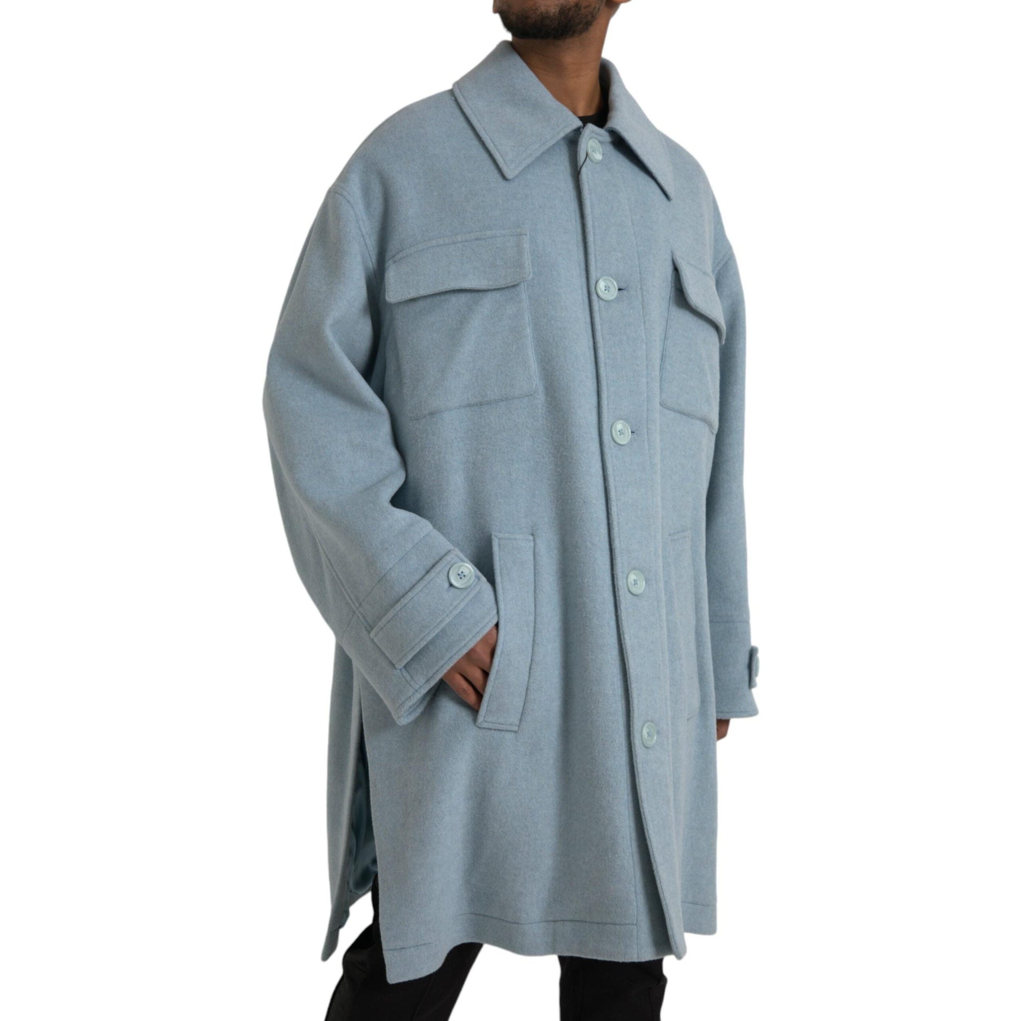 Dolce & Gabbana Light Blue Wool Button Trench Coat Jacket
