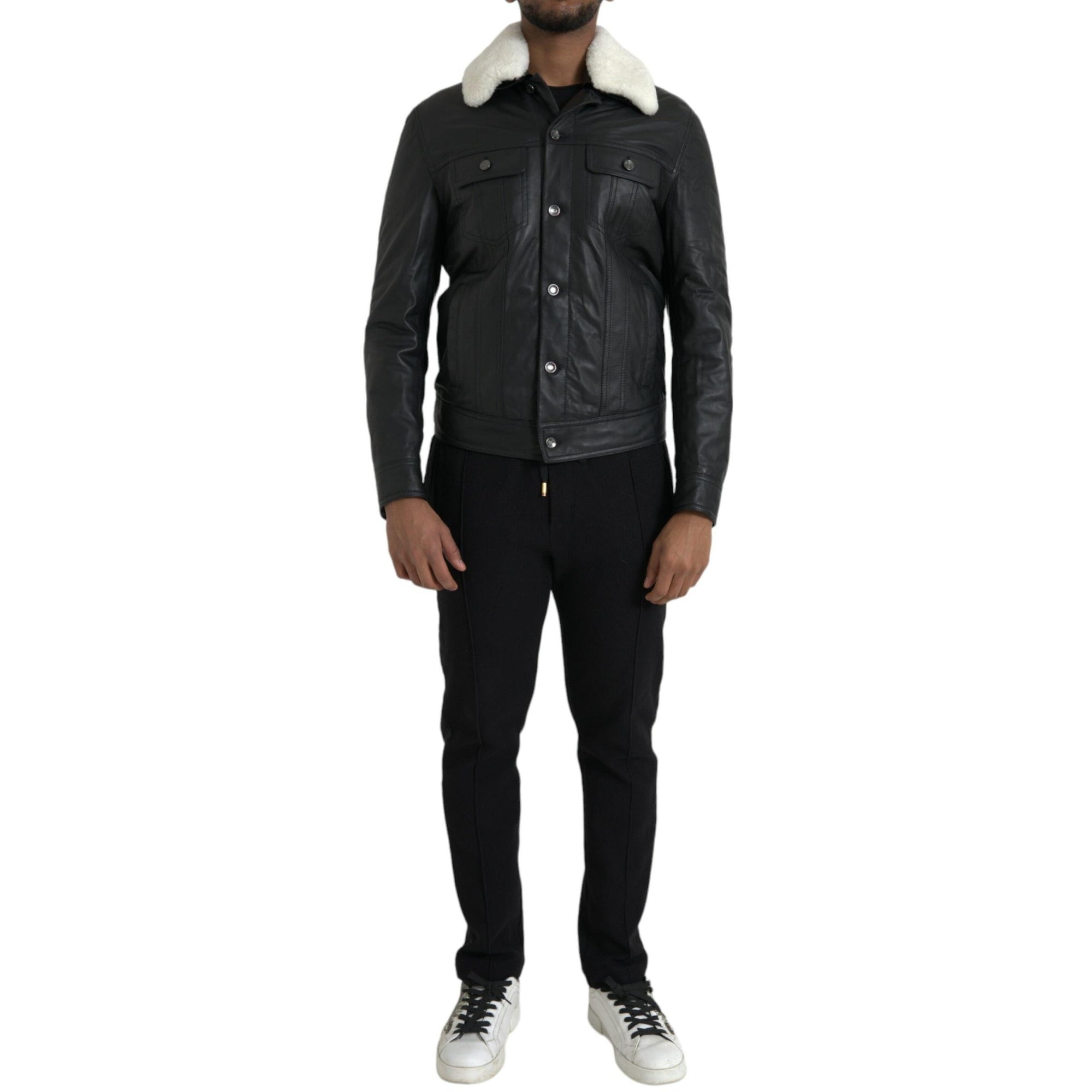 Dolce & Gabbana Black Leather Fur Collar Biker Coat Jacket