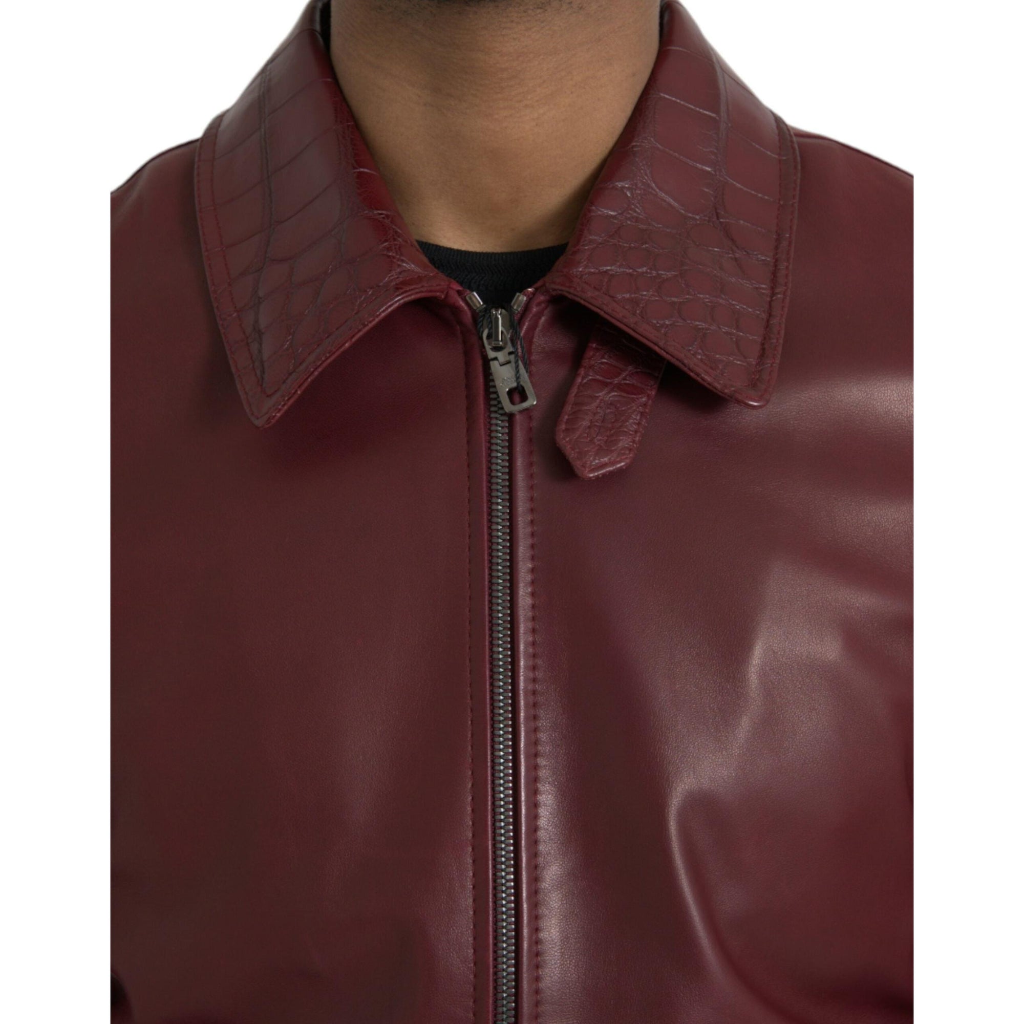 Dolce & Gabbana Maroon Exotic Leather Zip Biker Coat Jacket