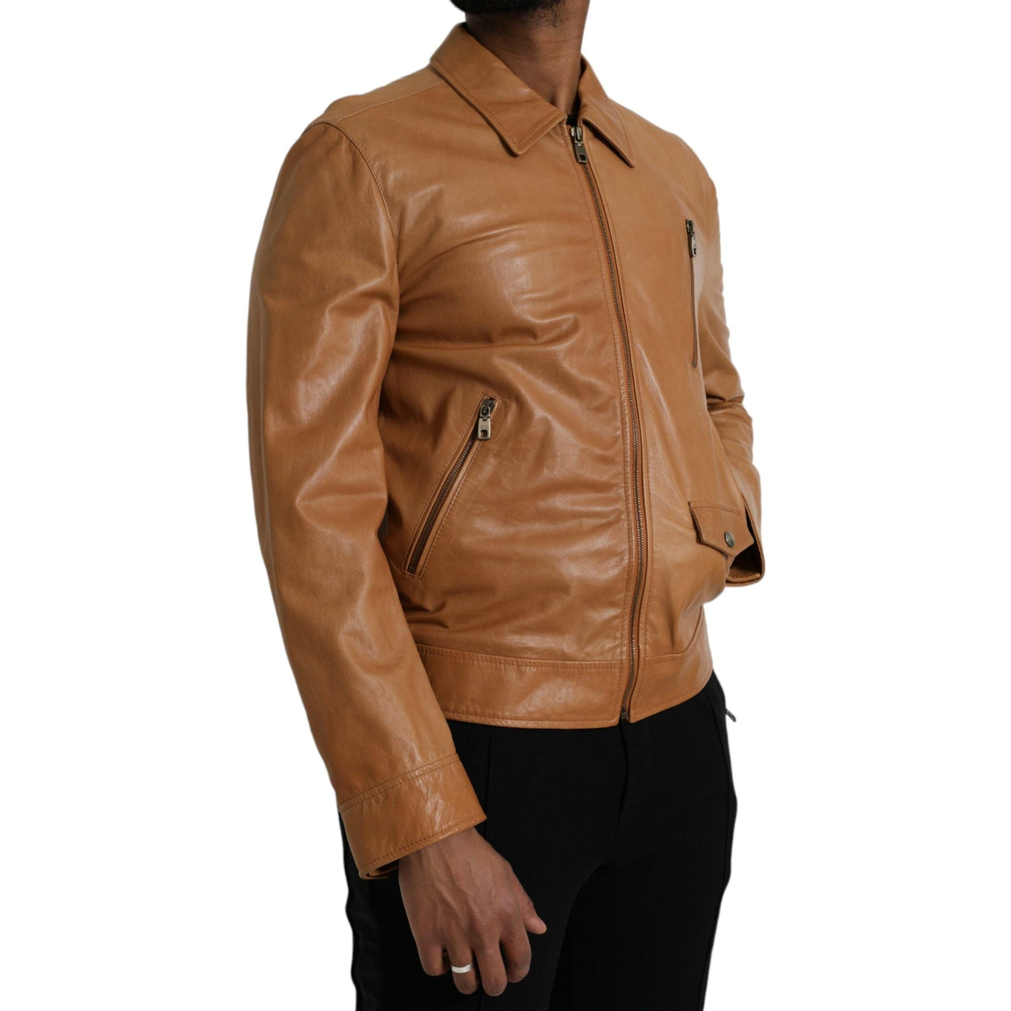 Dolce & Gabbana Brown Lamb Leather Full Zip Blouson Jacket