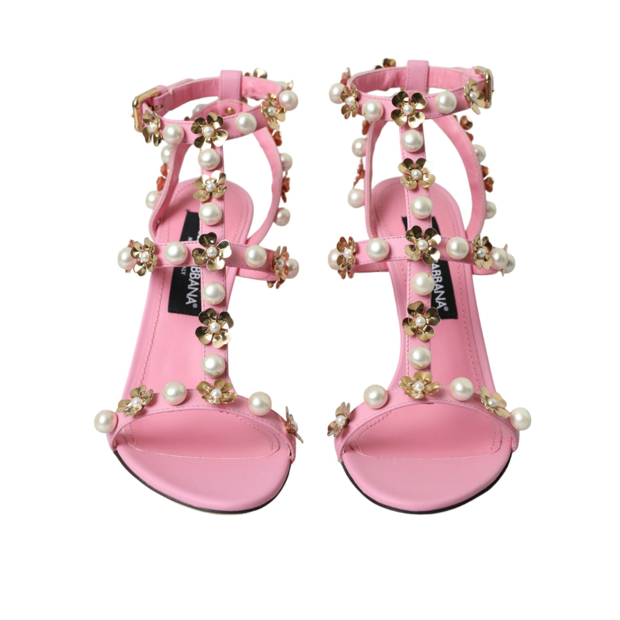 Dolce & Gabbana Pink Leather Embellished Heels Sandals Shoes