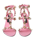 Dolce & Gabbana Pink Leather Embellished Heels Sandals Shoes