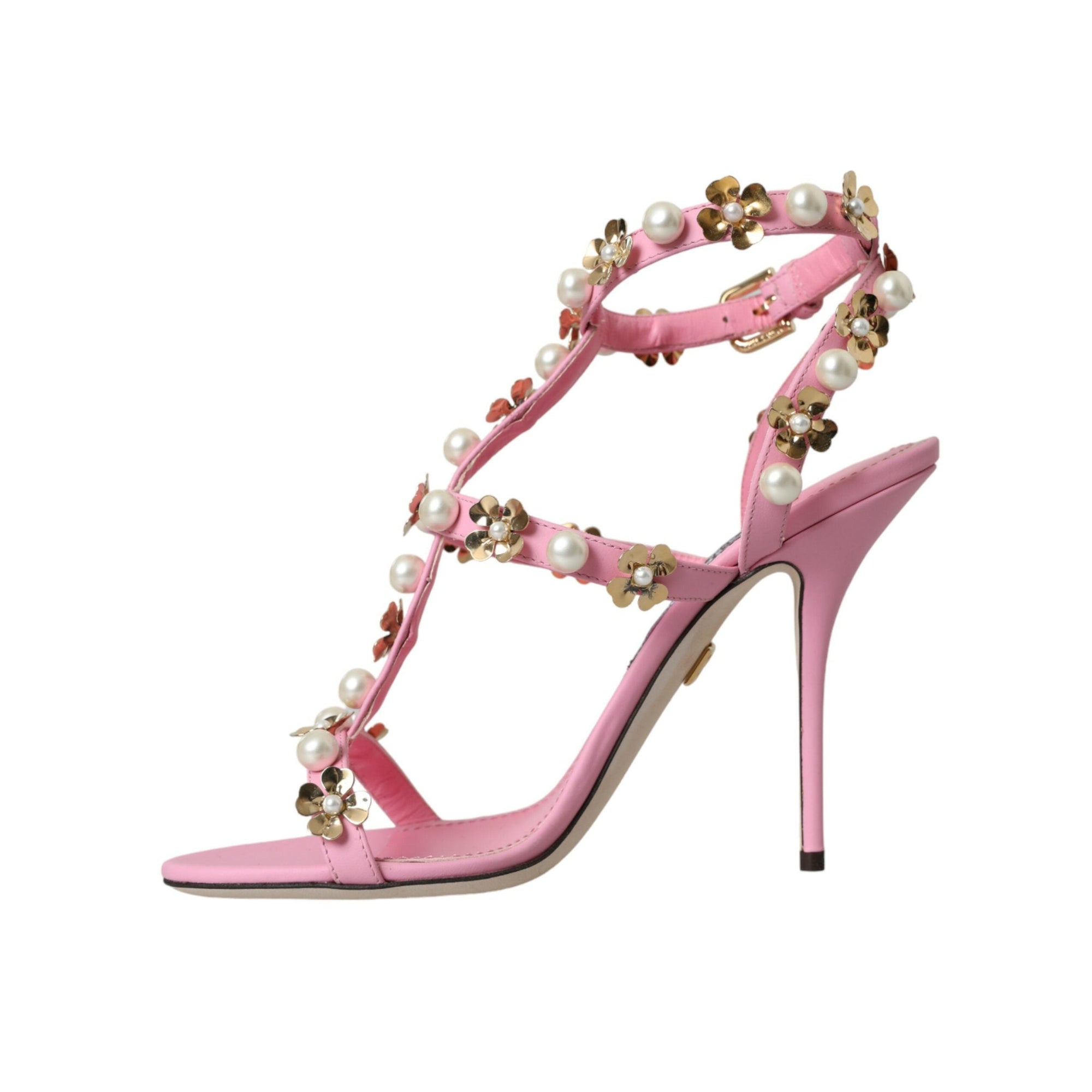 Dolce & Gabbana Pink Leather Embellished Heels Sandals Shoes