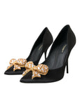 Dolce & Gabbana Black Satin Bow Crystal Heels Pumps Shoes