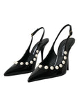 Dolce & Gabbana Black Leather Faux Pearl Heel Slingback Shoes
