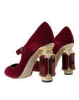 Dolce & Gabbana Red Velvet Gold Crystals Heels Mary Jane Shoes