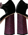 Dolce & Gabbana Black Velvet Strass Crystal Mary Janes Shoes