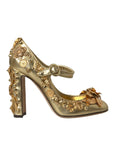 Dolce & Gabbana Gold Leather Crystal Mary Janes Pumps Shoes