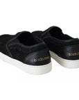 Dolce & Gabbana Black Lace Leather Logo Flat Slip-On Sneakers