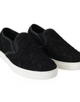 Dolce & Gabbana Black Lace Leather Logo Flat Slip-On Sneakers