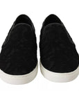Dolce & Gabbana Black Lace Leather Logo Flat Slip-On Sneakers