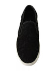 Dolce & Gabbana Black Lace Leather Logo Flat Slip-On Sneakers