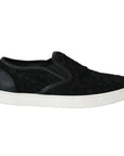 Dolce & Gabbana Black Lace Leather Logo Flat Slip-On Sneakers
