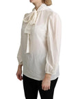Dolce & Gabbana Off White Scarfneck Long Sleeves Blouse Silk Top