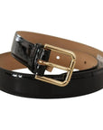 Dolce & Gabbana Black Leather Gold Metal Logo Engraved Buckle Belt