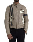 Dolce & Gabbana Beige Leather Full Zip Biker Coat Jacket