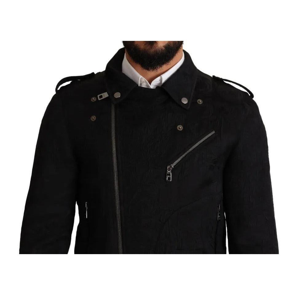 Dolce & Gabbana Black Brocade Full Zip Biker Coat Jacket