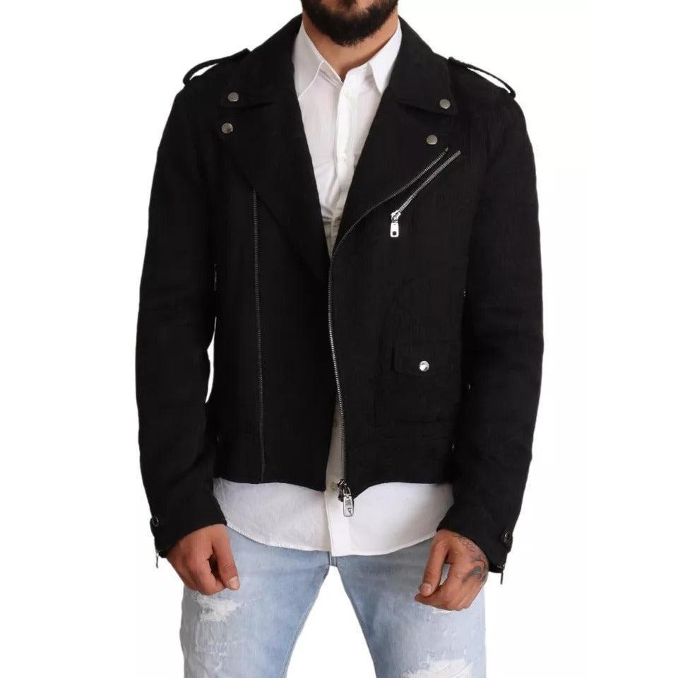 Dolce & Gabbana Black Brocade Full Zip Biker Coat Jacket