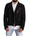 Dolce & Gabbana Black Brocade Full Zip Biker Coat Jacket