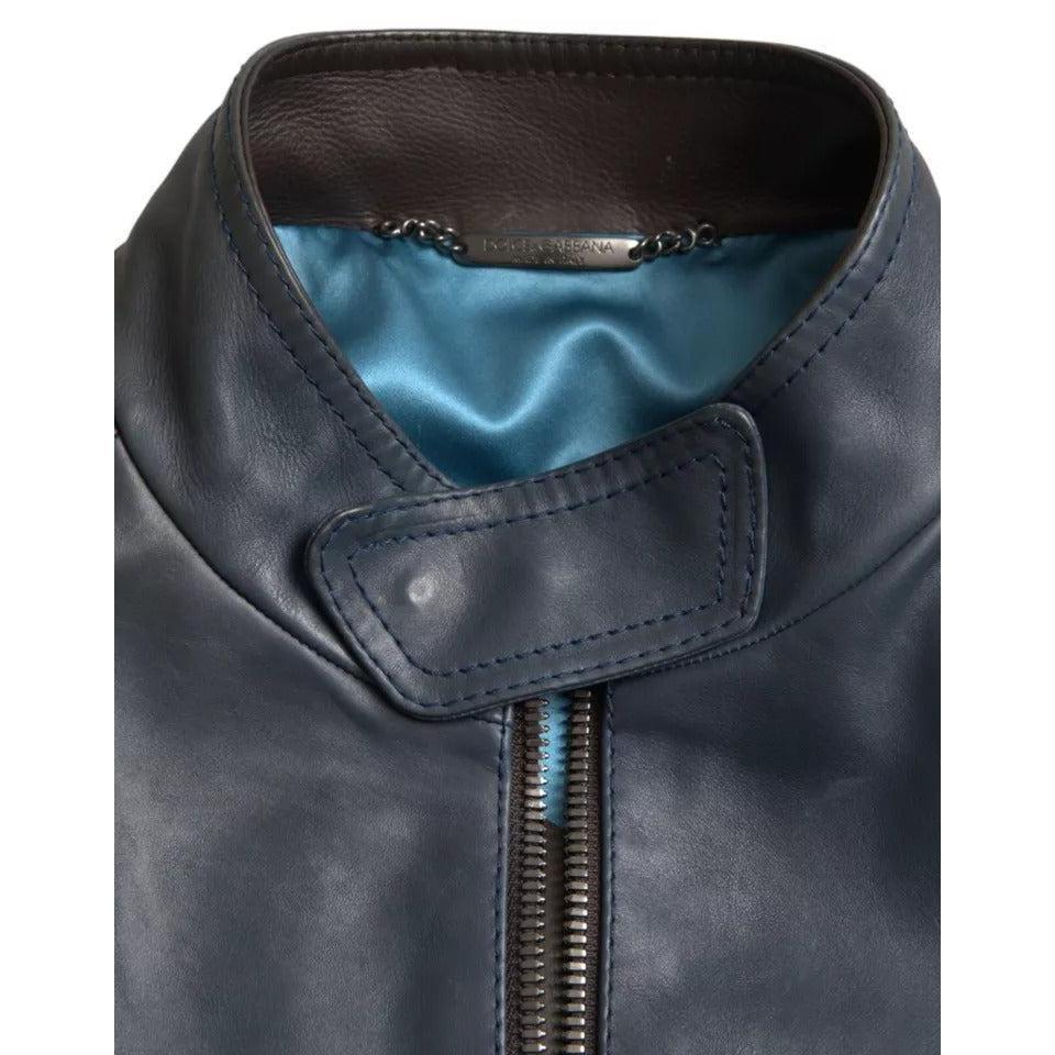 Dolce & Gabbana Blue Leather Full Zip Biker Blouson Jacket
