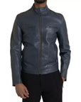 Dolce & Gabbana Blue Leather Full Zip Biker Blouson Jacket